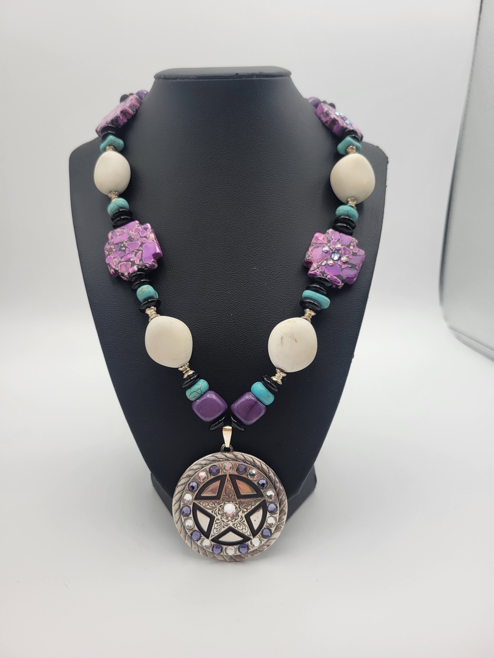 Trigg Leather Purple Turquoise Statement Necklace with Star Pendant